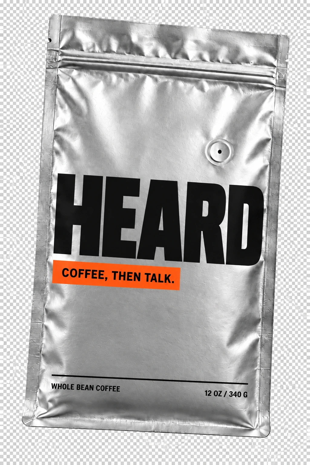 Silver HEARD whole bean coffee bag with oversized black lettering and an orange Coffee. Then Talk. label